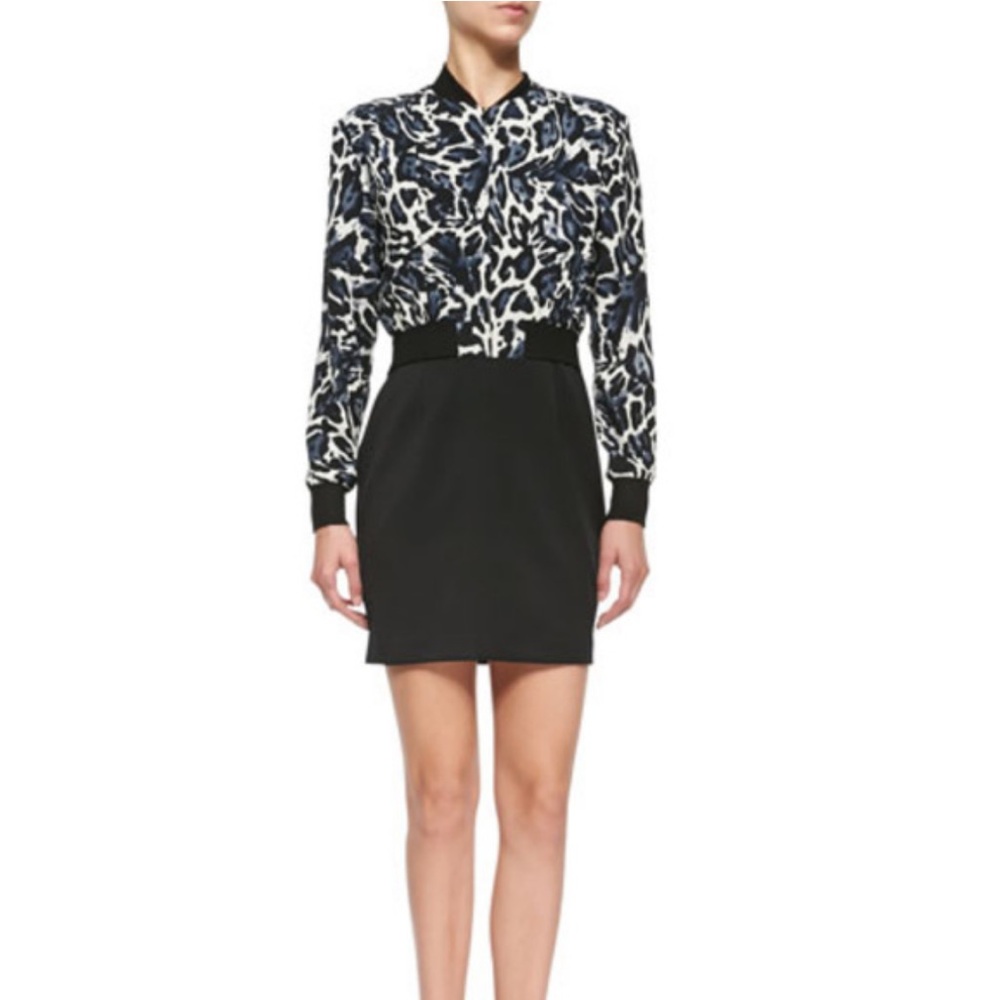 Black Halo Black White Leopard Long Sleeve Zip Front Dress NWT | Size 8